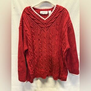 Vintage Elizabeth Red V-Neck Cable Knit Sweater